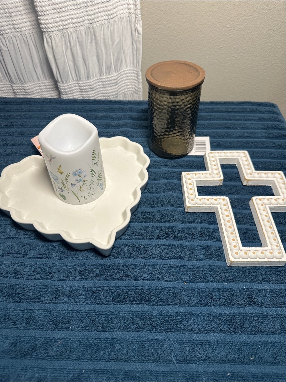 Ceramic Scalloped Heart Tray with Floral LED Candle, Cross and Glass canister